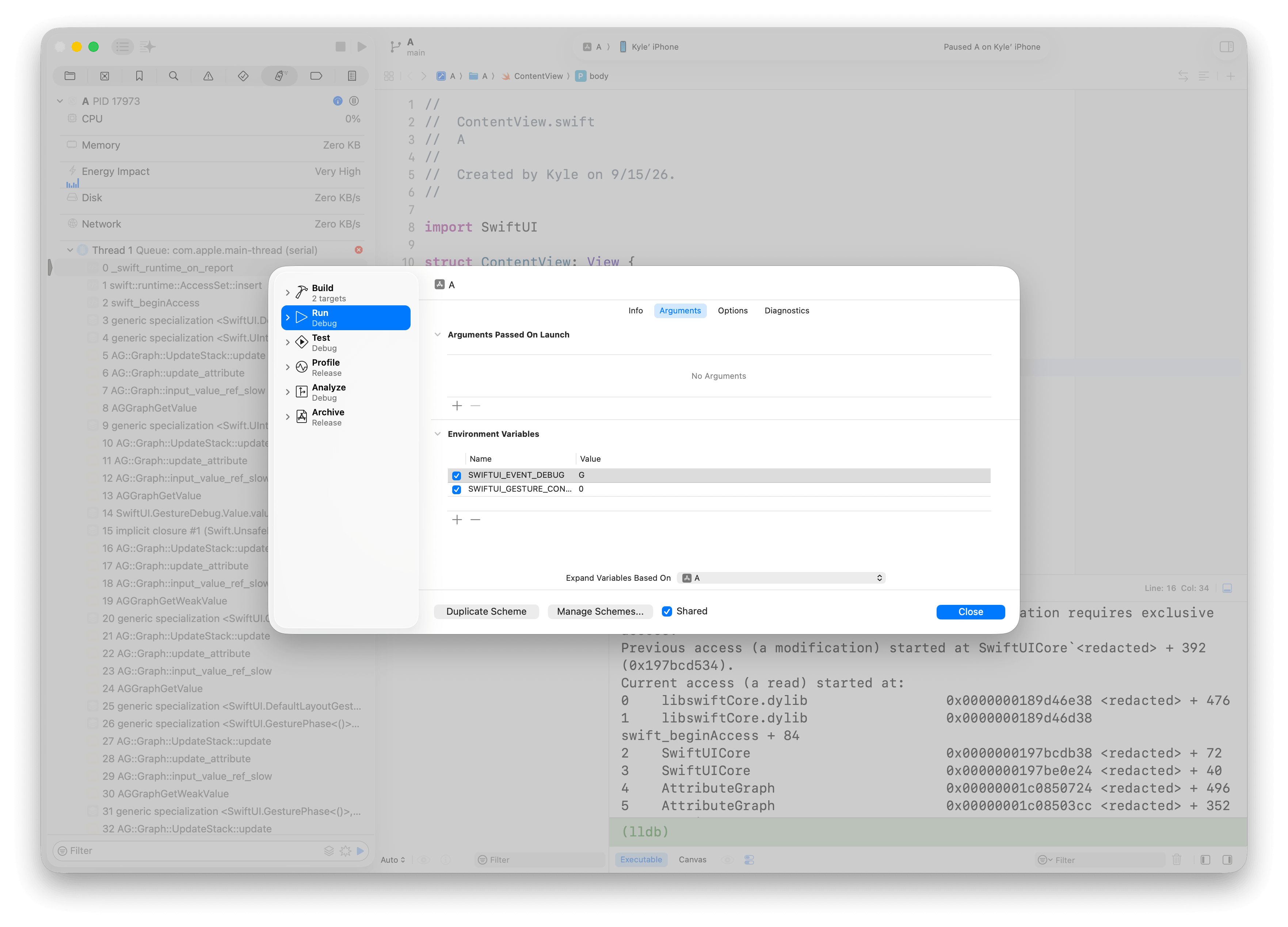 Xcode Run configuration with gesture debugging enabled and gesture containers disabled, with the exclusivity crash visible behind it